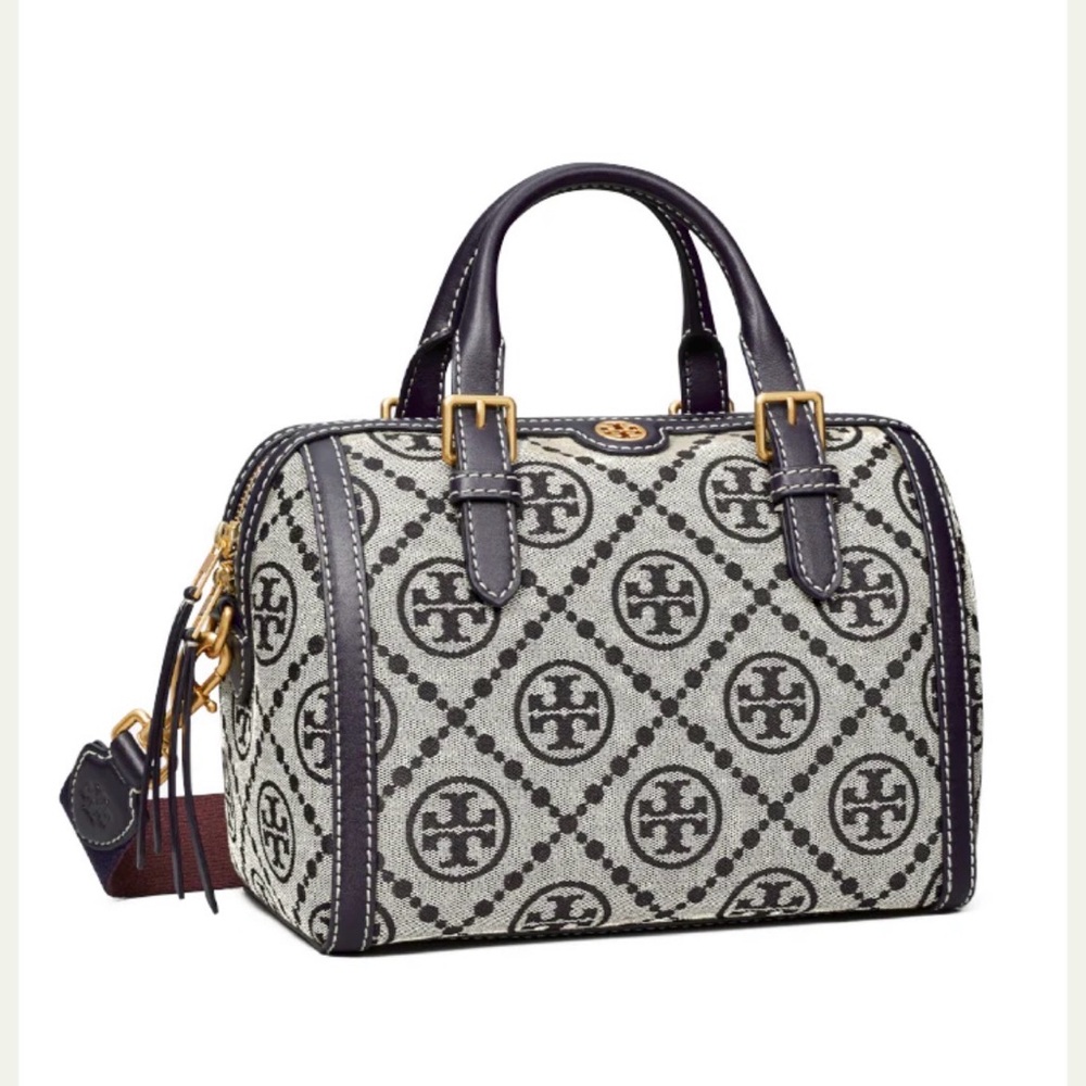 Tory Burch Navy T Monogram Jacquard Barrel Bag - Picture 14 of 15